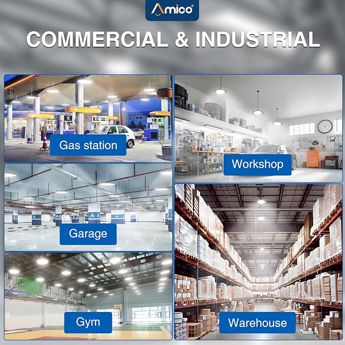 Amico UFO LED High Bay Light 150W 21000lm 5000K High Bay LED Shop Lights for Workshop Warehouse Barn with UL Listed US Hook 5' Cable Alternative to 650W MH/HPS for Commercial Lighting Fixture - 6 Pack