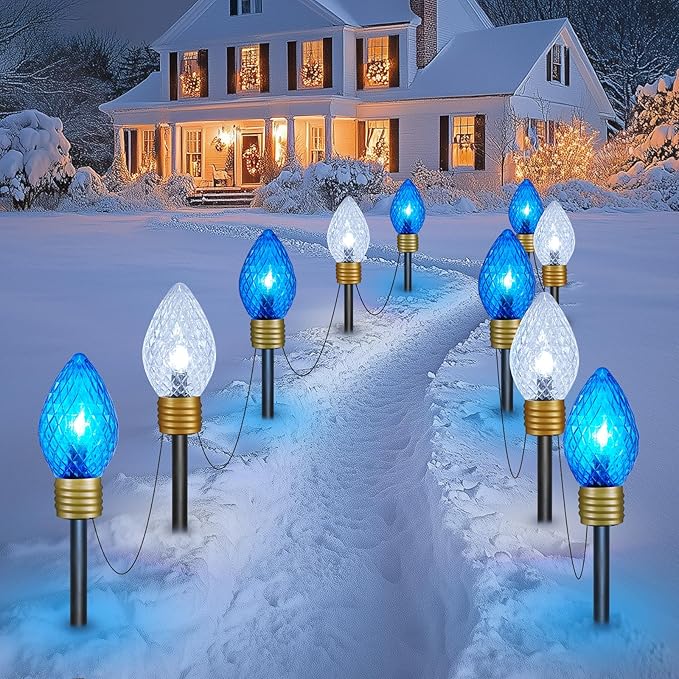 Brightown Strawberry Jumbo C9 Christmas Pathway Lights Outdoor -2 Pack Total 17 Feet 10 LED Jumbo C9 Walkway Lights, Christmas Light Outdoor Decorations for Lawn Outside Holiday, Blue & Pure White