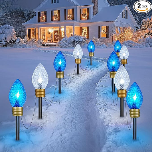 Strawberry Jumbo C9 Christmas Pathway Lights Outdoor - 2Pack Total 17FT 10 LED C9 Walkway Light, Christma Decoration Outside,Christmas Lights Outdoor for Lawn Yard Holiday, Blue & Pure White