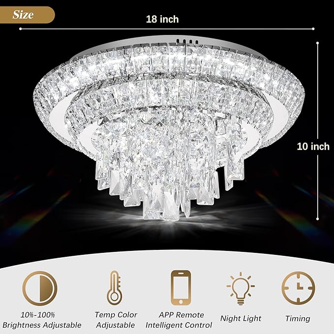 18 inch Crystal Silver Ceiling-Light Flush Mount With Remote Control and APP, 3CCT Dimmable & Brightness Adjustable, Modern Crystal Raindrop Chandeliers for Bedroom Hallway Dinning Room Living Room