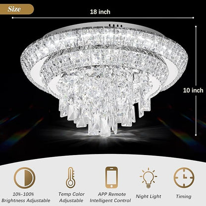 18 inch Crystal Silver Ceiling-Light Flush Mount With Remote Control and APP, 3CCT Dimmable & Brightness Adjustable, Modern Crystal Raindrop Chandeliers for Bedroom Hallway Dinning Room Living Room