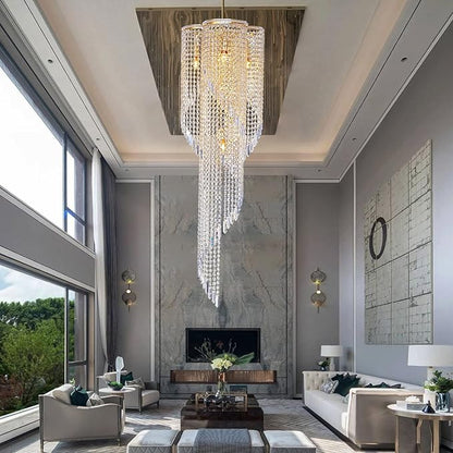 High Ceiling Chandeliers for Entryway Gold Spiral Crystal Chandelier Large Foyer Chandelier 6 Lights Modern Raindrop Chandelier for Villa Staircase, K9 Pendant Light Fixtures D17.7'' x H49.2''