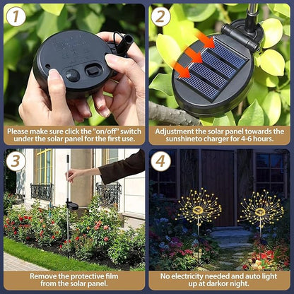 DONGULI Outdoor Solar Garden Lights, 120 LEDs 8 Lighting Modes Waterproof Solar Fireworks Light Sparklers for Patio Walkway Yard Courtyards Pathway Christmas Party Decorations, Colorful(4 Pack)