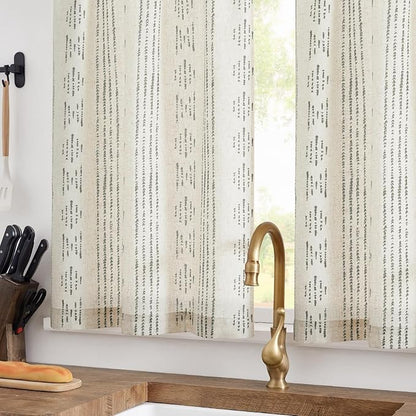 jinchan Boho Kitchen Curtains Linen Tier Curtains 45 Inches Bohemian Cafe Small Drapes Gray Striped Mudcloth Farmhouse for Bathroom RV Camper Light Filtering Rod Pocket 2 Panels Grey on Beige