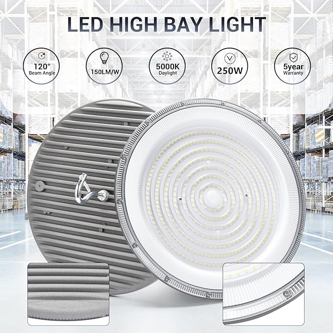 XYCN 4 Pack 250W UFO Led High Bay Light,120VAC,5000K Daylight Commercial Bay Lighting,IP66 Waterproof,41050LM,1150W MH/HPS with Plug Area Lighting for Warehouse/Shop/Workshop/Barn/Gym/Factory