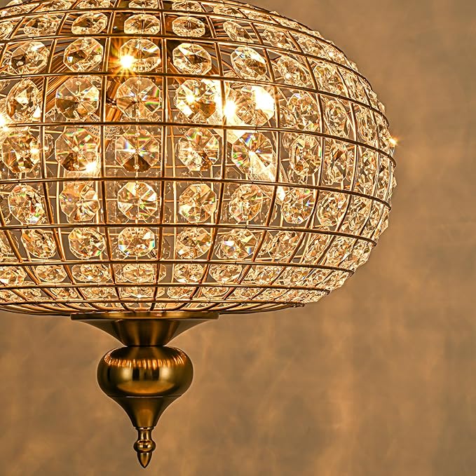 Gold Crystal Chandelier, 16.5" Modern 4-Light Round Crystal Pendant Light Antique Globe Foyer Chandelier for Dining Room Living Room