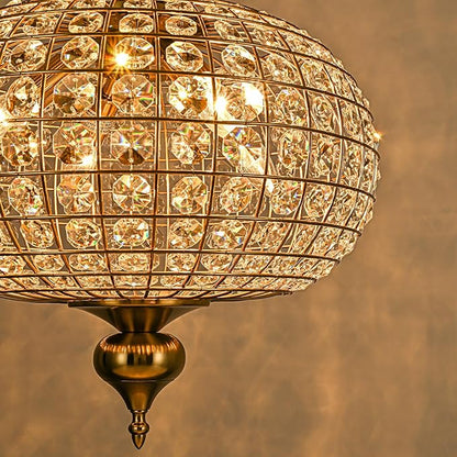 Gold Crystal Chandelier, 16.5" Modern 4-Light Round Crystal Pendant Light Antique Globe Foyer Chandelier for Dining Room Living Room
