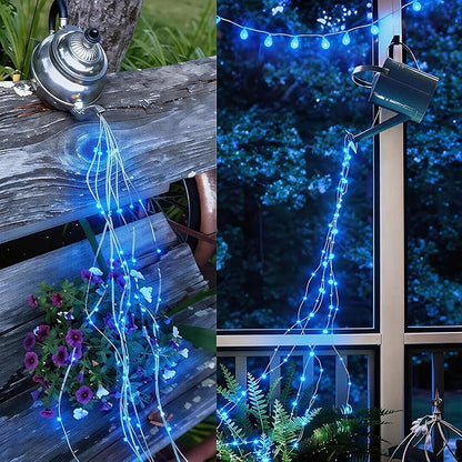 Solar Fairy String Lights Outside Blue, Multi Strand 180 LEDs Watering Can Light for Outdoor, Waterproof Solar Powered Waterfall Lights, Firefly Bunch Lights for Garden Décor