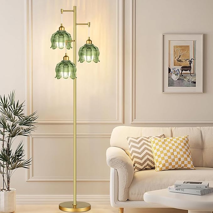 ZECOXOL Vintage Floor Lamps for Living Room Bedroom-3 Light Glass Floor Lamp with Three Led Bulb, Modern Mid Century Standing Lamp Brass Tall Lamp Gold Tree Floor Lamp for Bedroom Corner