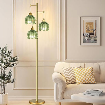 ZECOXOL Vintage Floor Lamps for Living Room Bedroom-3 Light Glass Floor Lamp with Three Led Bulb, Modern Mid Century Standing Lamp Brass Tall Lamp Gold Tree Floor Lamp for Bedroom Corner