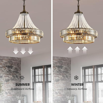 24“ Retro Crystal Chandelier Ceiling Fan with Lights, Remote & App Control, 6-Speed Reversible Large Fandelier, Double Layer Design for Bedroom, Living Room (Black Gold)