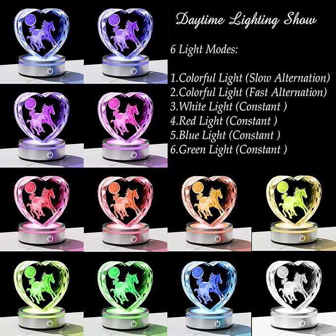 Qianwei Horse Gifts for Women 3D Crystal Heart - Laser Horse Decor Glass Animals Animal Gifts Figurines Statue Stuff for Room Decorations Night Light