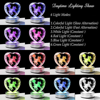 Qianwei Horse Gifts for Women 3D Crystal Heart - Laser Horse Decor Glass Animals Animal Gifts Figurines Statue Stuff for Room Decorations Night Light