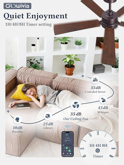 52 Inch Ceiling Fan with Lights and Remote, Smart APP Control, Dimmable with All-Setting Memory, Quiet DC Motor Reversible Blades, Damp Rated Modern Ceiling Fan for Bedroom Patio Living Room