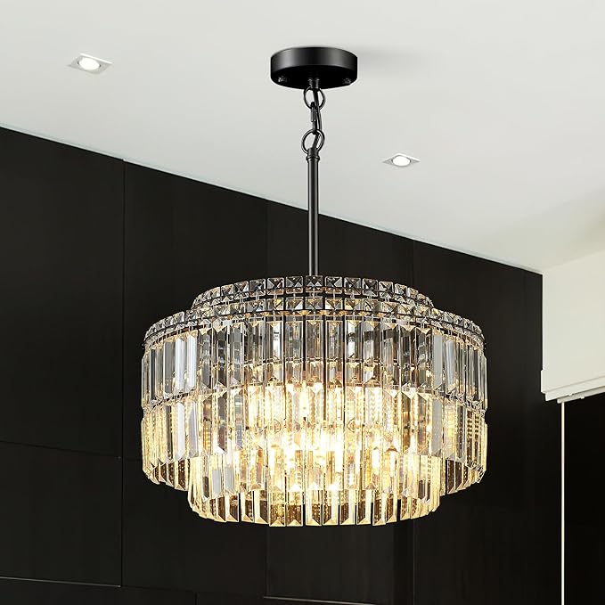 Modern 17.6“ Black Crystal Chandelier Ceiling Light Fixtures for Dining Room Luxury Glam 8-Light Crystal Chandeliers Lighting for Bedroom Entryway Hallway Living Room Kitchen Island Foyer