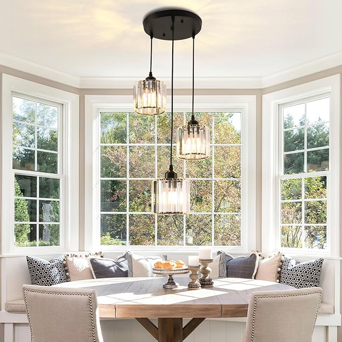 Crystal Pendant Lights Round Ceiling,Modern Crystal Chandeliers Hanging Light Fixture for Kitchen Island,Adjustable Chandelier for Dining Room,Foyer,Living Room Entryway Black 3 Lights