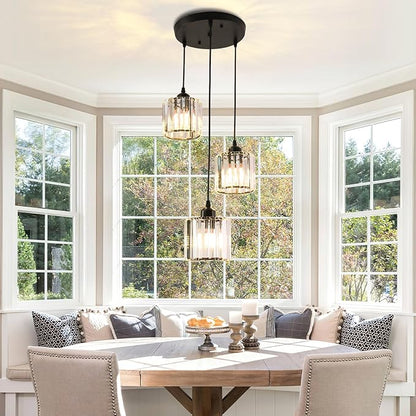 Crystal Pendant Lights Round Ceiling,Modern Crystal Chandeliers Hanging Light Fixture for Kitchen Island,Adjustable Chandelier for Dining Room,Foyer,Living Room Entryway Black 3 Lights