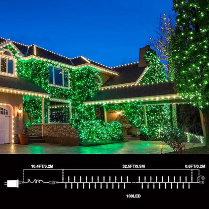 Green St Patricks Day Lights, 32.5FT 100LED Twinkle Christmas String Lights with 16 Lighting Modes, Waterproof Plug in for Indoor Outdoor Holiday Xmas Tree Garland Party Bedroom Decorations