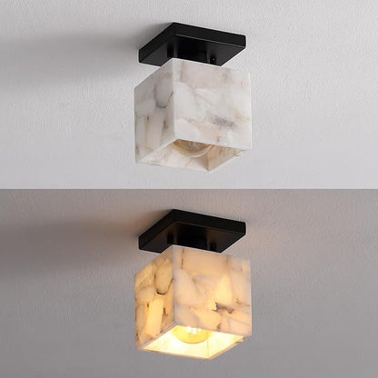 JONATHAN Y 5" White Marbling/Black Modern 1-Light Semi Flush Mount Ceiling Light for Bedroom, Cube White Alabaster Marble Shade, Mid-Century Minimalist Fixture, LED Bulb Included (JYL1202B)