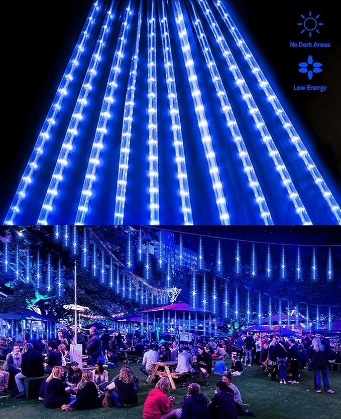 EAGWELL Meteor Shower Lights Outdoor Easter Lights UL Certified Falling Rain Drop Snowfall Icicle Cascading String Light for Xmas Holiday Tree Wedding Party Garden Decor Blue, 12 Inch 10 Tubes