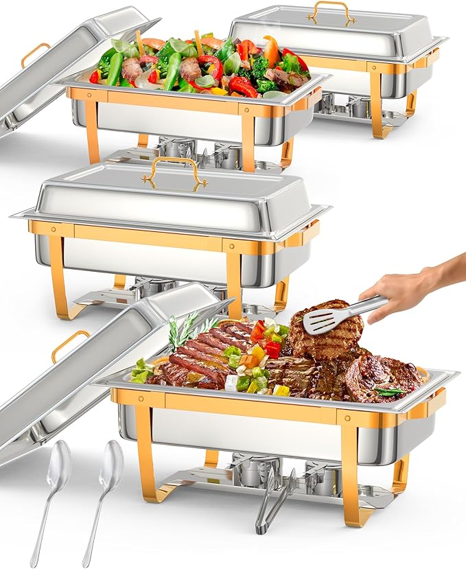 4 Pack Chafing Dishes for Buffet, Stainless Steel Catering Chafer with Lids, Pans & Fuel Holder, 8QT Food Warmers for Parties Buffet, Buffet Servers and Warmers for Parties, Events, Weddings, Gold