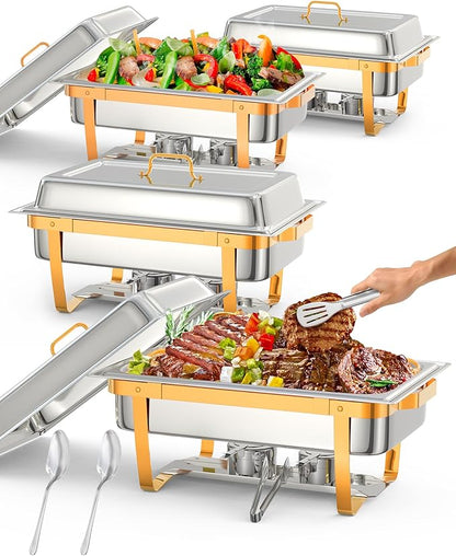 4 Pack Chafing Dishes for Buffet, Stainless Steel Catering Chafer with Lids, Pans & Fuel Holder, 8QT Food Warmers for Parties Buffet, Buffet Servers and Warmers for Parties, Events, Weddings, Gold