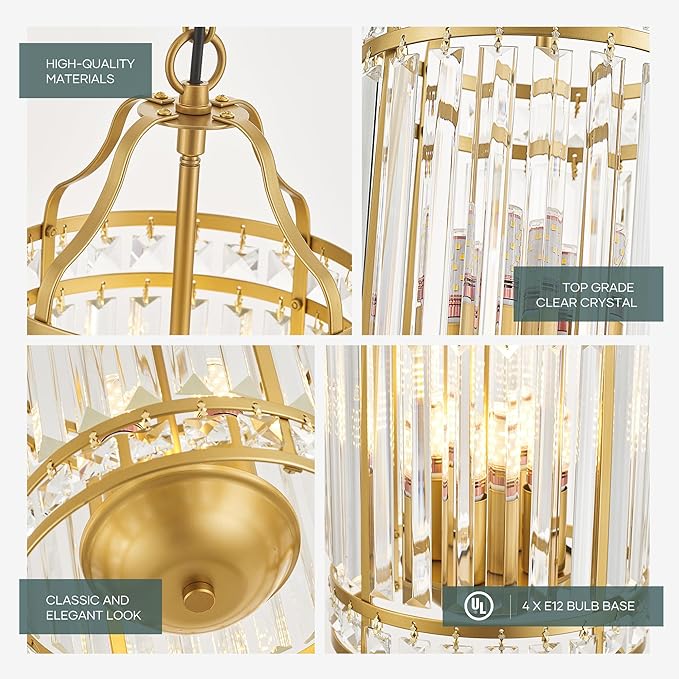 Modern Gold Pendant Island Light Fixtures for Kitchen, Luxury Elegant Crystal Small 4-Light Chandeliers for Dining Room, Industrial Cage Hanging Ceiling Lighting for Bedroom Foyer Hallway