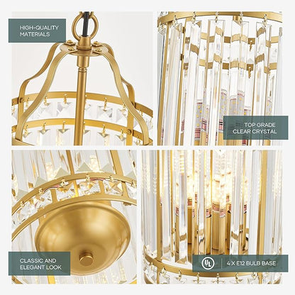 Modern Gold Pendant Island Light Fixtures for Kitchen, Luxury Elegant Crystal Small 4-Light Chandeliers for Dining Room, Industrial Cage Hanging Ceiling Lighting for Bedroom Foyer Hallway