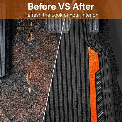 CAR PASS Heavy Duty Rubber Car Mats Metallic, Aluminum Film All Weather Floor Mats Waterproof Universal Trim to Fit SUVs Sedans Vans 4 Piece Anodized Deep Dish Two-Tone Sporty Black Orange Chrome