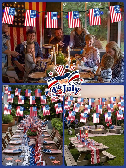 2 Pack 4th of July Decorations, Solar American Flag Lights Outdoor with 8 Modes, 37.6FT 50 USA Flags & 100 Red White and Blue LEDs Patriotic Lights Waterproof for Independence Day 250th Anniversary