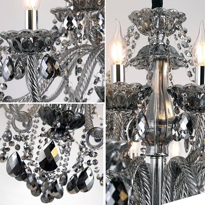 18-Light Smoky Gray Crystal Chandelier for Living Room, Antique Teardrop Candle Chandelier Pendant Ceiling Lighting Fixture for Dinning Room Staircase Lobby Foyer (Smoke Gray 18 Lights)