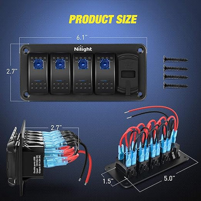Nilight 4 Gang Rocker Switch Panel Blue Backlit with PD Type C and USB Charger Voltmeter Waterproof 12V 24V DC Switches with Night Glow Stickers for Car Trucks Boats RVs