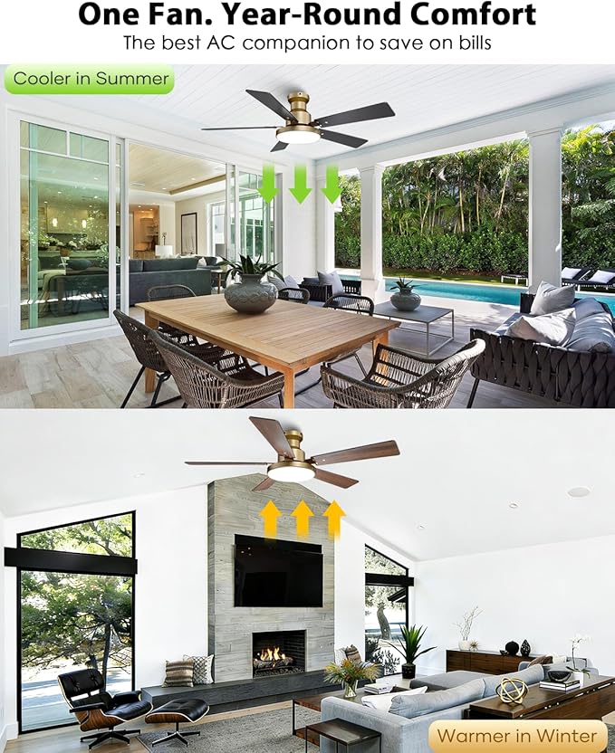 52 Inch Low Profile Gold Ceiling Fan with Lights, Modern Black and Gold Ceiling Fans with Remote/APP for Indoor Bedroom, Flush Mount, 12.2'' Large 3CCT LED Light Panel, 6-Speed Quiet DC Motor