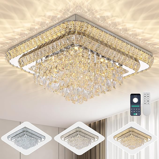 COCOSTAR Crystal Chandeliers, Modern Led Luxury Chandelier, 34" Suqare Flush Mount Chandelier Ceiling Light, Raindrop Chandeliers for Dining Room, Living Room, Bedroom
