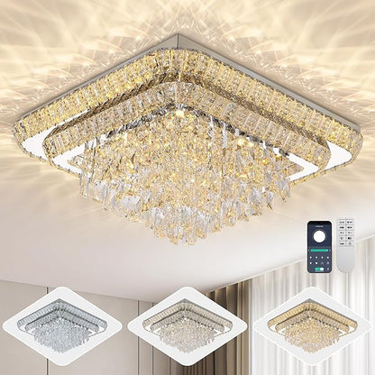 COCOSTAR Crystal Chandeliers, Modern Led Luxury Chandelier, 34" Suqare Flush Mount Chandelier Ceiling Light, Raindrop Chandeliers for Dining Room, Living Room, Bedroom