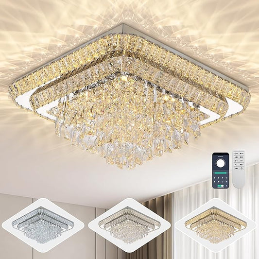 COCOSTAR Crystal Chandeliers, Modern Led Luxury Chandelier, 34" Suqare Flush Mount Chandelier Ceiling Light, Raindrop Chandeliers for Dining Room, Living Room, Bedroom