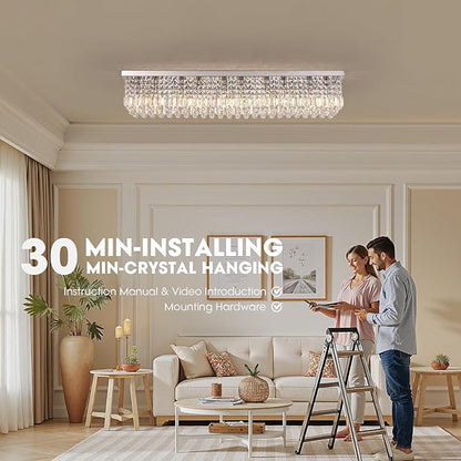 Modern Crystal Chandeliers for Dining Room Light Fixture, 10-Light Rectangle Chandelier Ceiling Light for Kitchen Island Living Room, L47.2 Inch, Chrome Finish