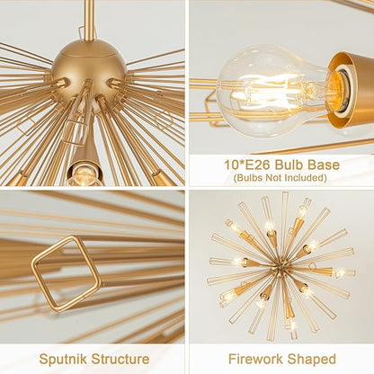 Modern 33'' Gold Sputnik Chandelier, 10-Light Mid Century Brushed Brass Starburst Chandelier Light Fixture, Large Pendant Lighting for Kitchen Dining Room Bedroom Foyer Sloped Ceiling Compatible