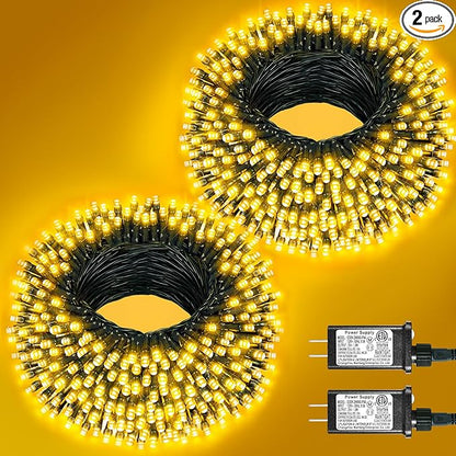 2 Pack Christmas Lights Outdoor, Total 200FT 600LED String Lights for Outside Waterproof with 8 Modes, Warm White Fairy Twinkle Lights Green Wire for Indoor Room Patio Garden Party Holiday Decorations