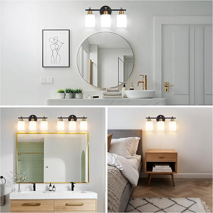 3-Light Bathroom Vanity Light, Black and Gold Vanity Lights for Bathroom with Milky White Glass Shade, Vanity Light Fixture Over Mirror, Modern Style, 16 Inch Compact, E26 Base
