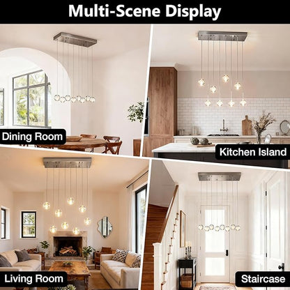 8 Lights Nickel Raindrop Rectangle Chandelier, Modern Bubble Crystal Chandelier for Dining Room, Large Pendant Light for High Ceilings Staircase Foyer Entryway Living Room Kitchen Island