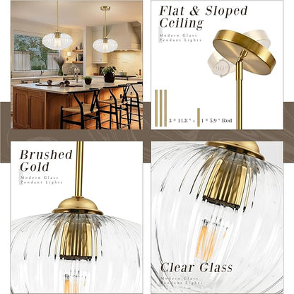 12" Clear Glass Modern Pendant Light Kitchen Island 2 Pack Brushed Gold Mid Century Modern Pendant Lighting with Clear Glass Hanging Pendant Light for Dining Room（Bulb Incl.）