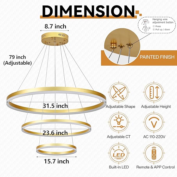 31.5" 3 Ring Modern Led Pendant Light Gold Modern Led Chandelier Contemporary Ring Chandeliers Dimmable Chandeliers Color Temperature Adjustable Height Hanging Chandelier for Living Room