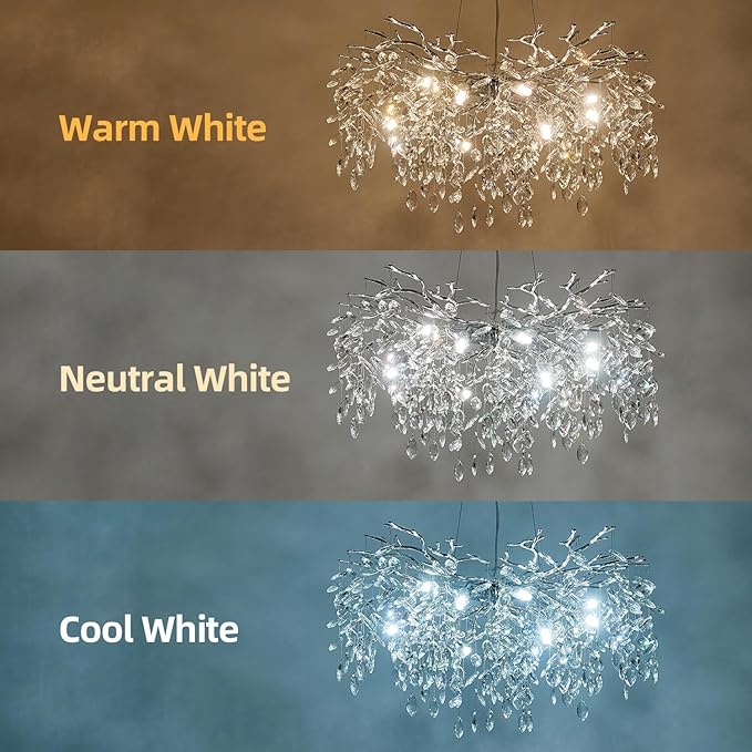 Modern Tree Branch Crystal Chandelier 30" Sliver Luxury Large Pendant Lighting 10-Light Contemporary K9 Crystal Chandeliers for Dining Room Kitchen Living Room Foyer Entryway (Sliver, D30"-Round)