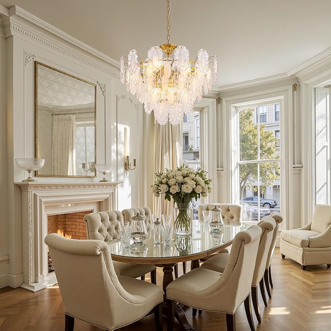 5-Tier Foyer Chandelier, 12-Light Vintage Glass Chandelier for Dining Room with Glass Leaf & Brass Finish, Dimmable Vintage Pendant Lighting for Kitchen Island Living Room Entryway, 28.74"xH23.62"