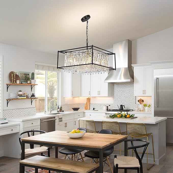 Miuyhji Black Chandeliers for Dining Room, Black Square Lndustrial Chandelier Crystal Pendant Light for Kitchen Island Dining Room Living Room Flat and Inclined Ceiling,L24 x W24 x H17.5