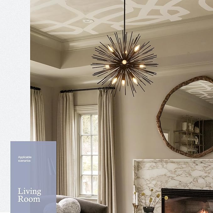 23.6" 9-Light Black Sputnik Chandelier Modern Industrial Adjustable Firework Globe Ceiling Fixture for Living Room, Entryway, Dining, Bedroom, Hallway, Stairway