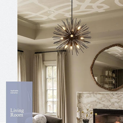 23.6" 9-Light Black Sputnik Chandelier Modern Industrial Adjustable Firework Globe Ceiling Fixture for Living Room, Entryway, Dining, Bedroom, Hallway, Stairway