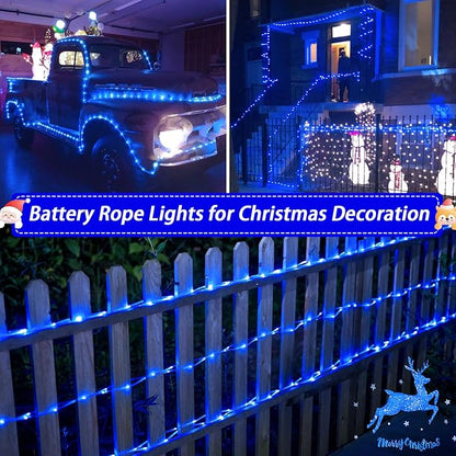 JMEXSUSS 2 Pack Blue Battery Operated Rope Lights Outdoor Waterproof, Total 200LED 66ft 8 Modes Battery Powered String Lights with Remote, Blue Pool Light for Camping Balcony Fence Garden Pool Decor