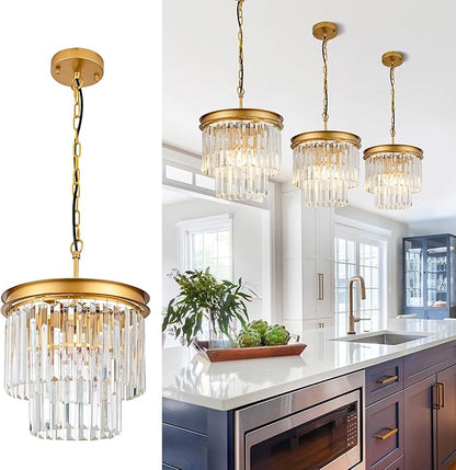 Gold Crystal Pendant Light 11.8" 3-Light Modern Round Chandelier Fixture 2-Tier Luxury Crystal Ceiling Hanging Light for Dining Room Hallway Living Room Bedroom Kitchen Island 1-Pack